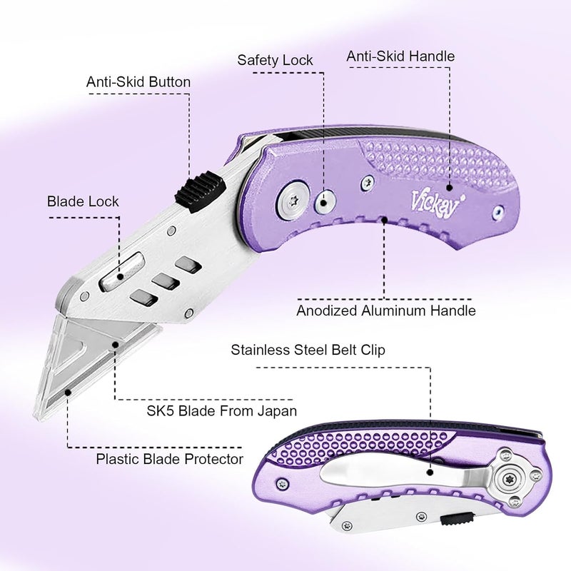 Vickay Folding Utility Knife, Box Cutter with 5 SK5 Quick Change Blades, Safety Axis Lock Design Razor Knife, Lightweight Aluminum Handle Belt Clip for Office Home Artcraft （Light Purple) - Image 3